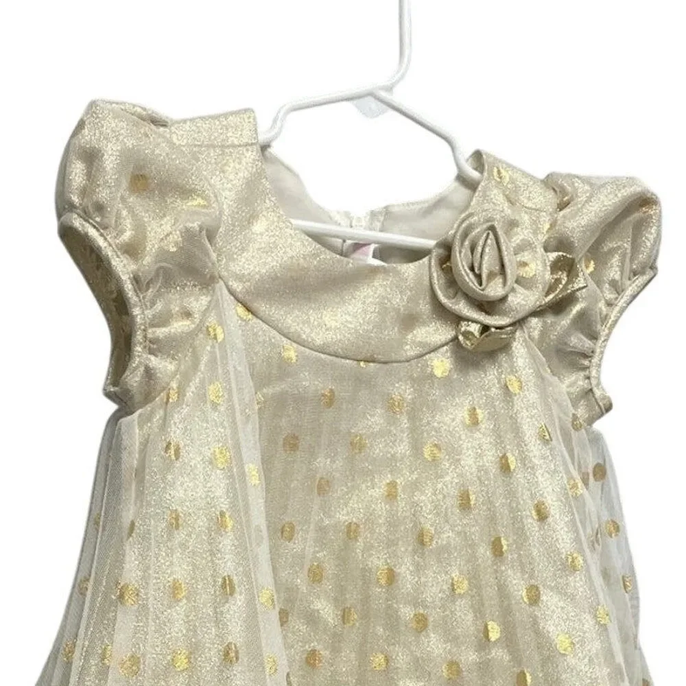 Jessica Ann Girls Size 4 Sleeveless Gold Metallic Polka Dot Pleated Formal Dress